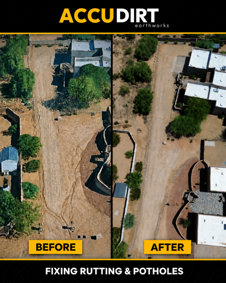 Before and after aerial photo of gravel driveway rutting and pothole repair in Scottsdale, AZ